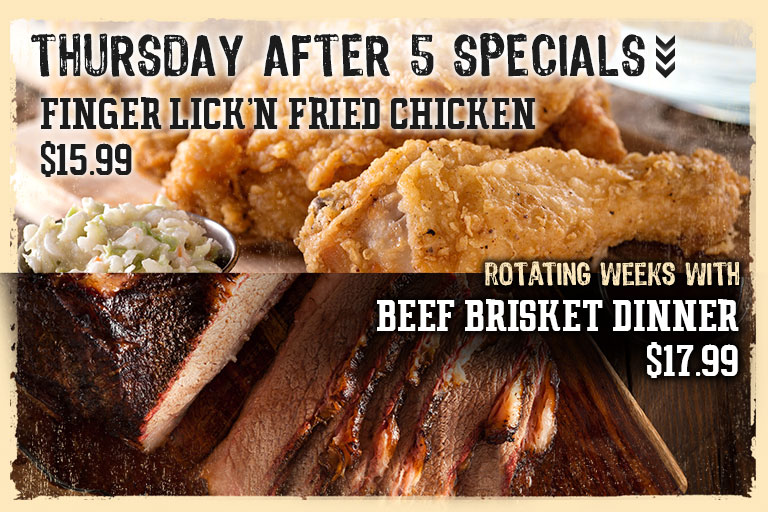 Thursday Specials | Fried chicken or Bbq beef brisket dinner with 2 sides